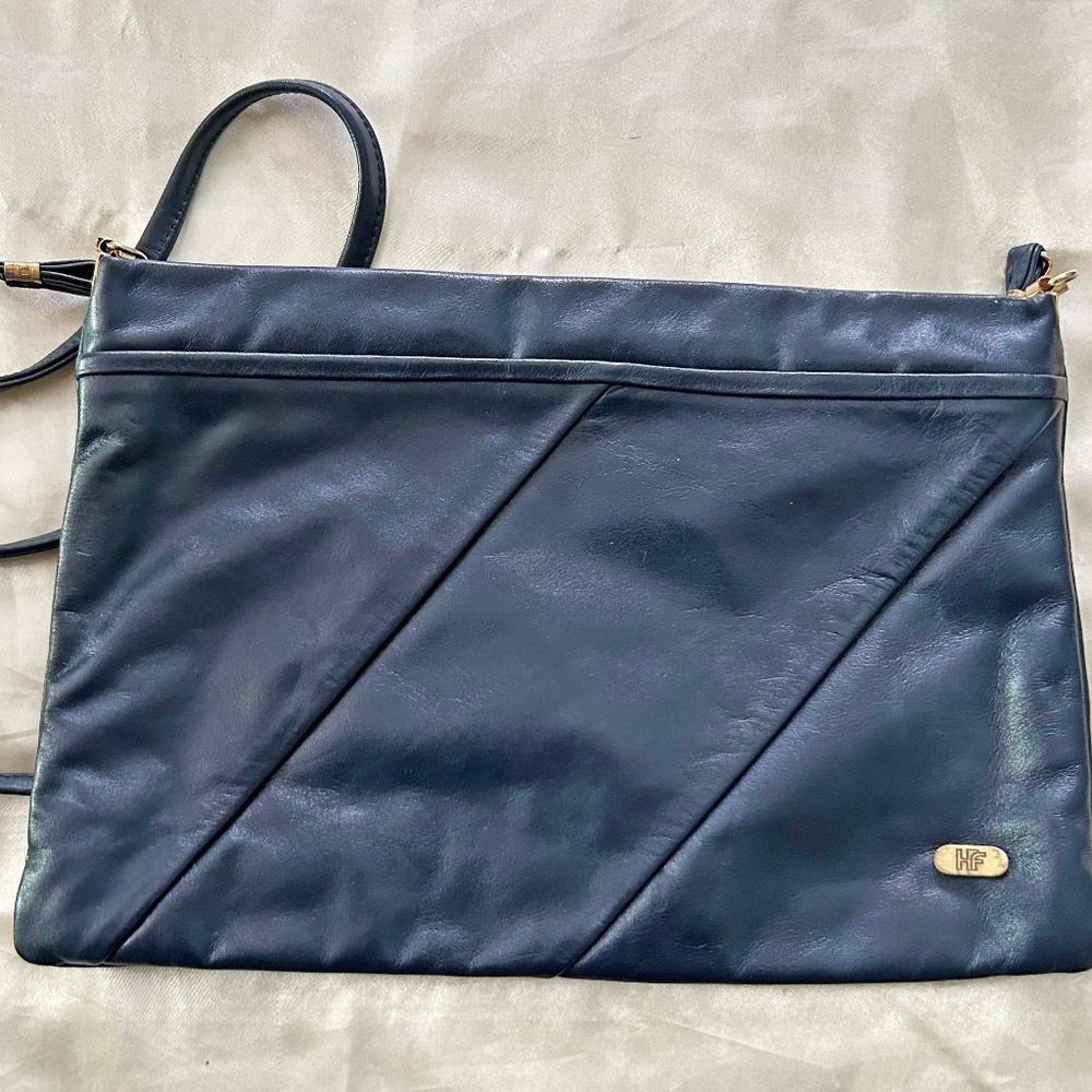 SHOULDER BAG, LEATHER, NAVY, TOP ZIPPER, LONG STRAP, HAS POCKETS, by HF,